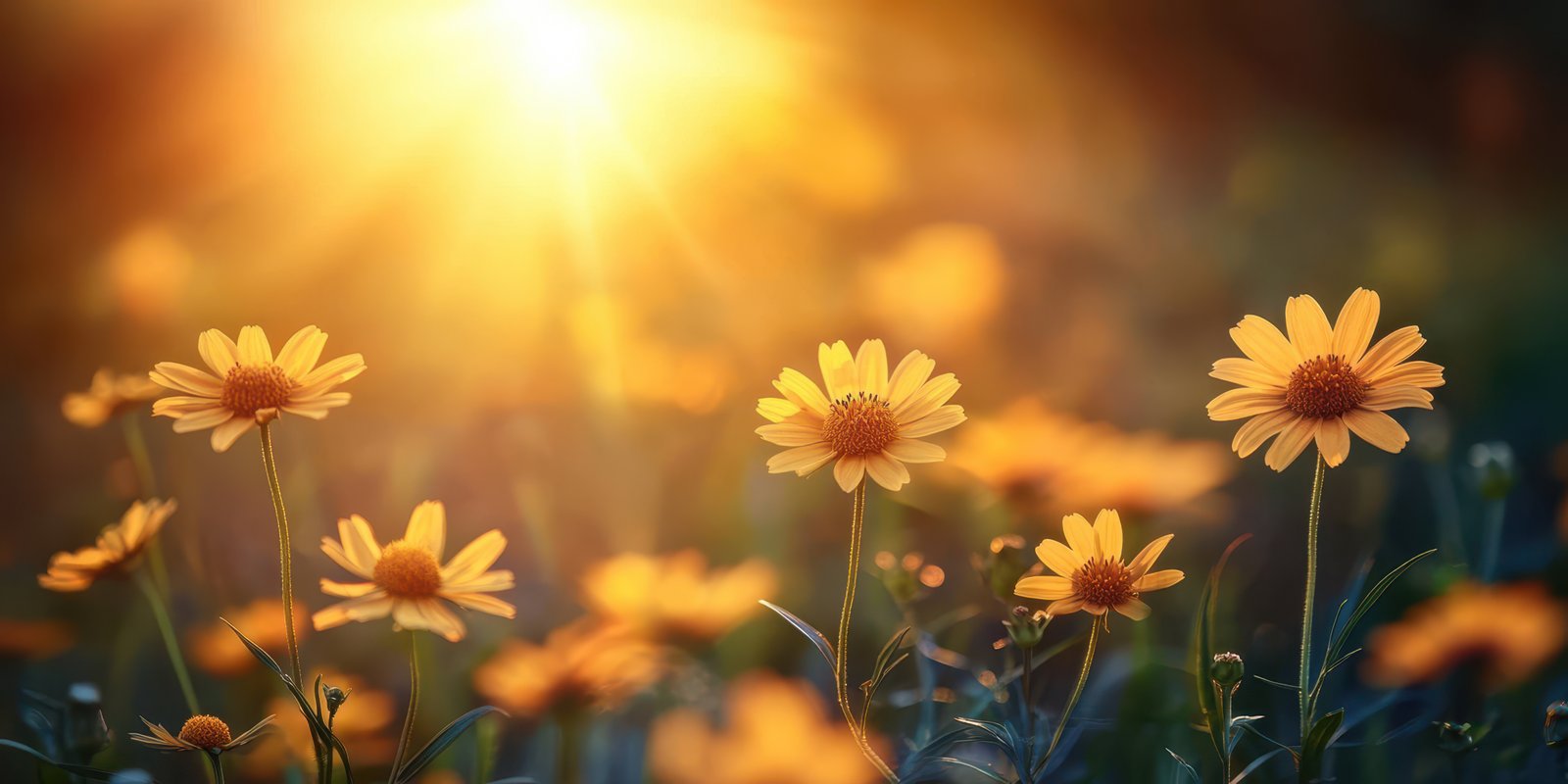 Golden flowers bloom in a meadow during a sunny evening at sunset showcasing nature's beauty and tranquility